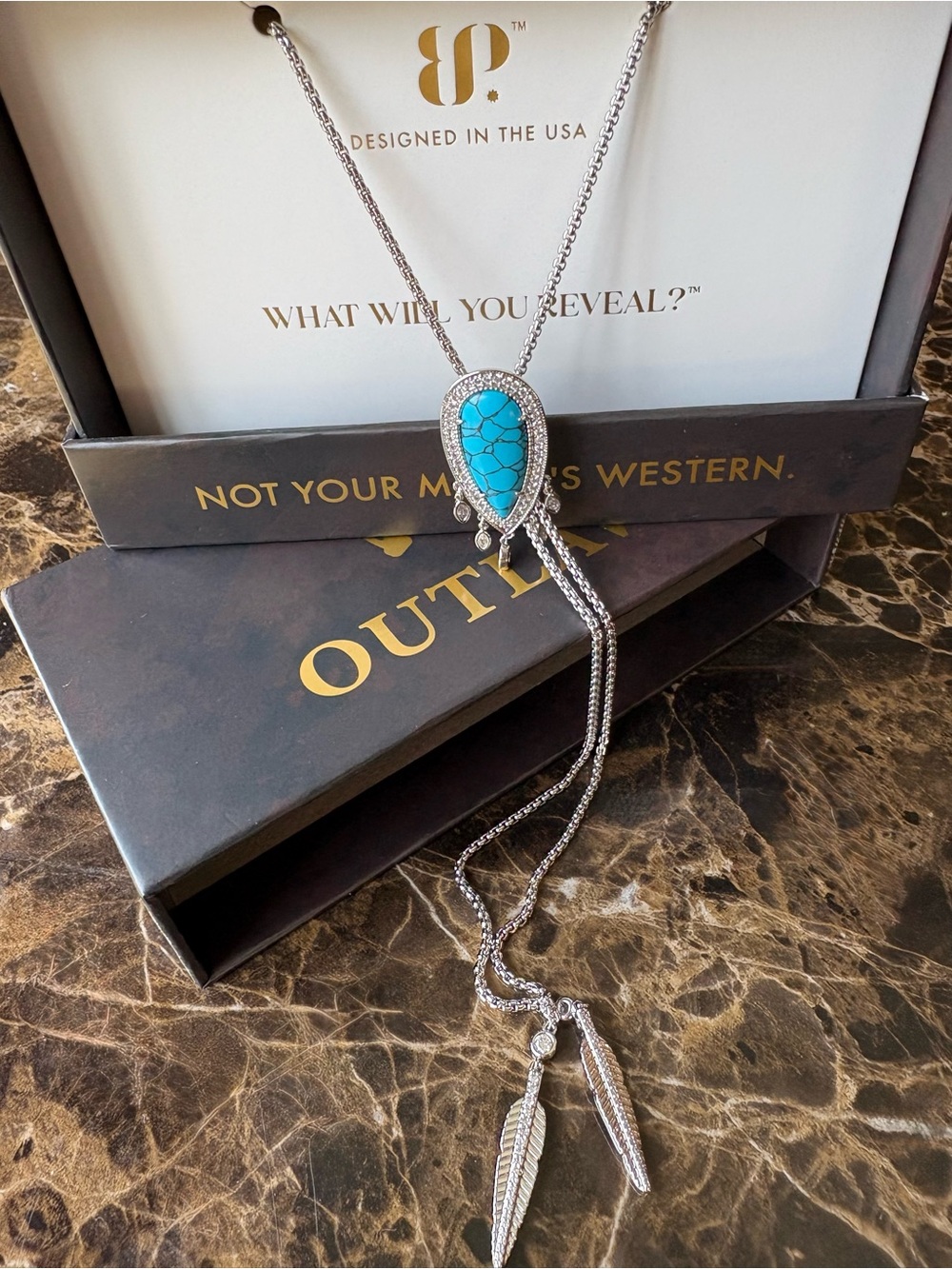 Turquoise & Rhodium BOLO adjustable necklace- Outlaw BP